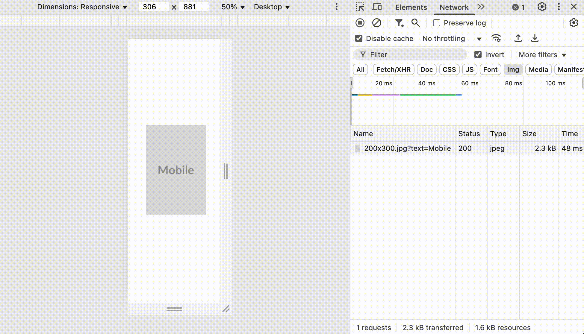 DevTools showing responsive image loading